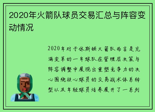 2020年火箭队球员交易汇总与阵容变动情况