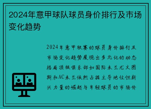 2024年意甲球队球员身价排行及市场变化趋势